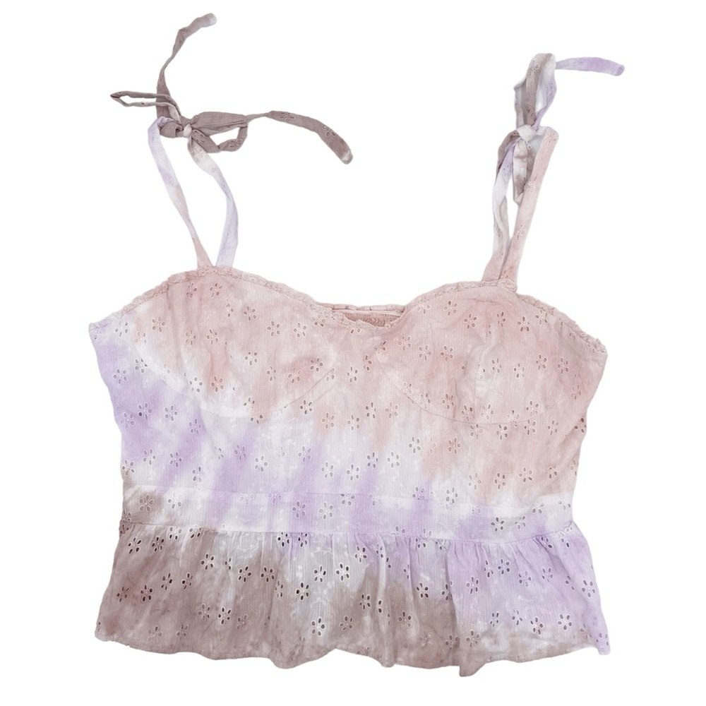 Lucky Brand Eyelet Tie Dye Corset Smocked Tank Top Lilac Pastel Multi Size XXL